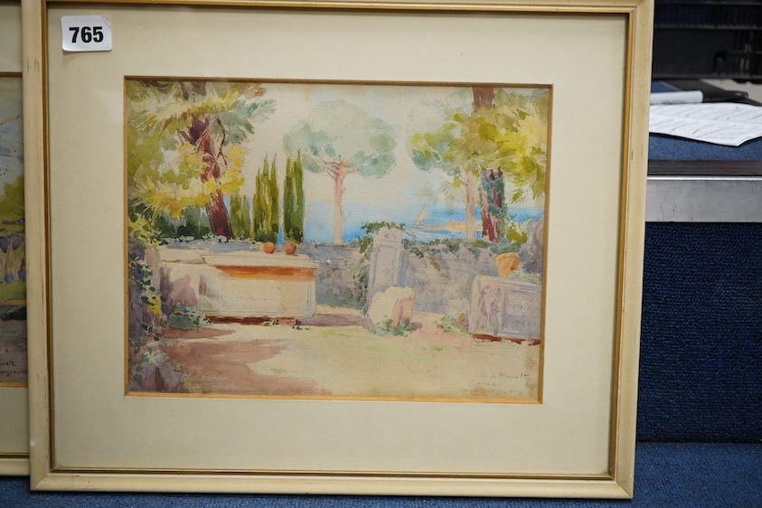 Italian School, ‘St. Marguerite and Parenzo’, each indistinctly signed and inscribed, pair of watercolours together with a similar impressionist oil, Figures before buildings, 21 x 24cm